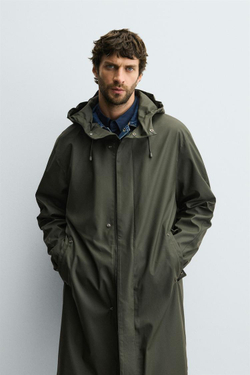 ZARA ПРОРЕЗИНЕННАЯ ПАРКА С КАПЮШОНОМ, ТЕМНЫЙ ХАКИ