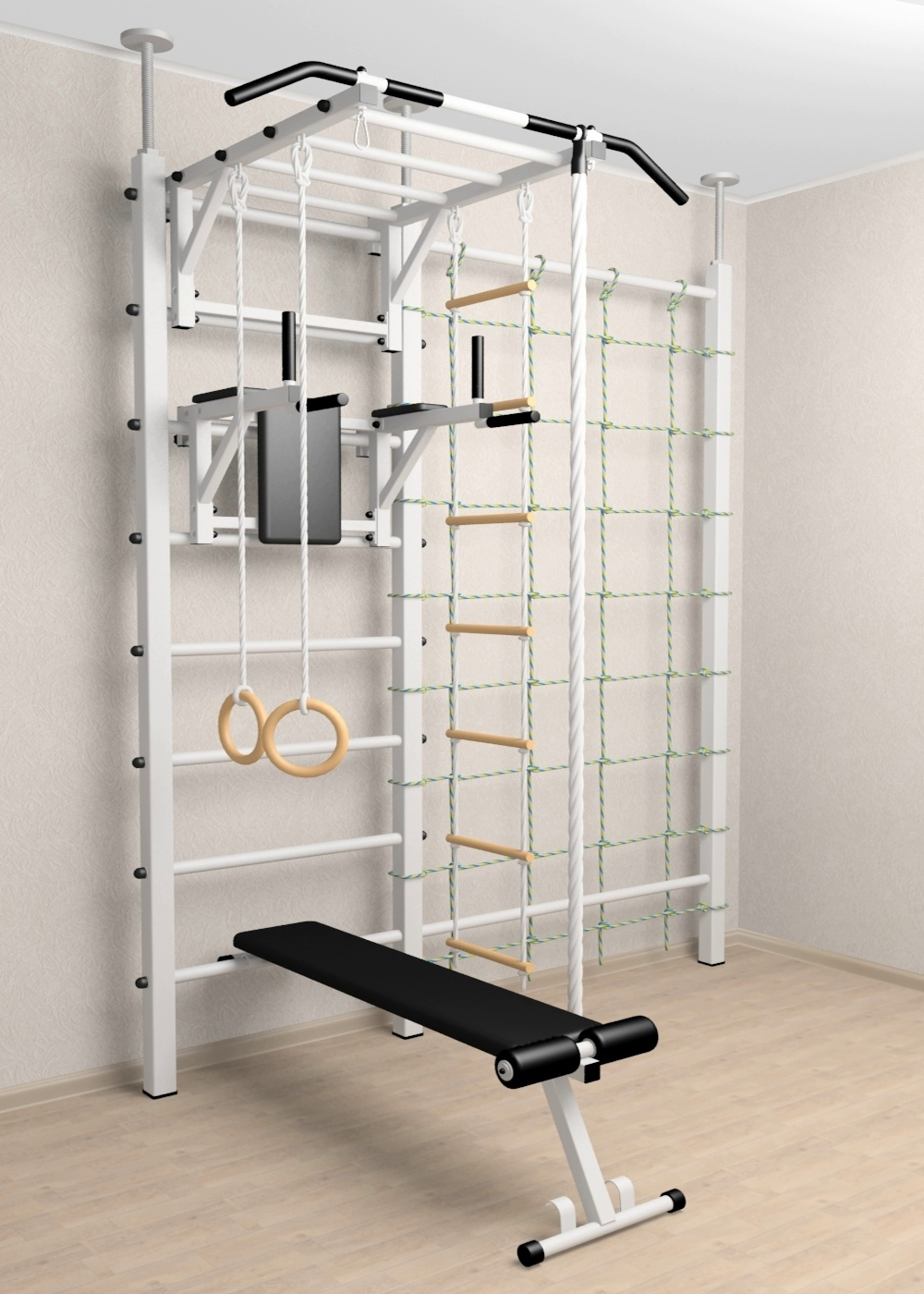 Шведская стенка Sv Sport враспор (Турник рукоход/Брусья/Скамья/Канат/Kольца/Лестница/Канатный лаз/Сетка)