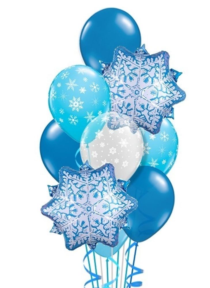 Букет из гелиевых шаров со снежинками белого и голубого цвета
