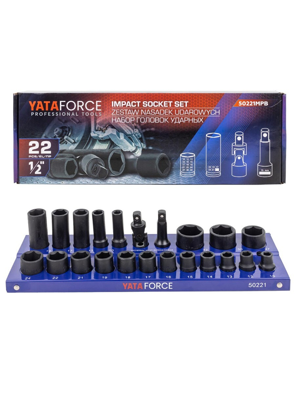 Головки ударные 1/2'', набор 22 пр. (6-гр.) YATAFORCE YF-50221MPB