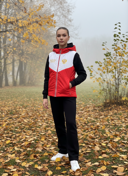 Жилет с капюшоном и вышивкой красный