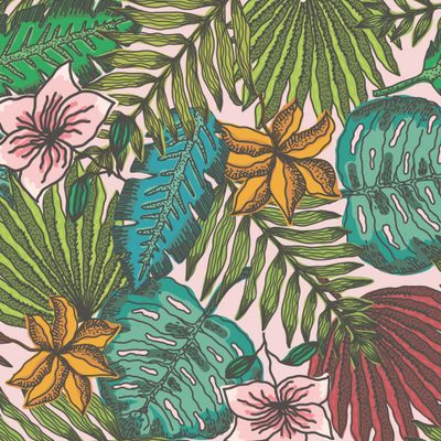 Яркий тропический паттерн с листьями и цветами