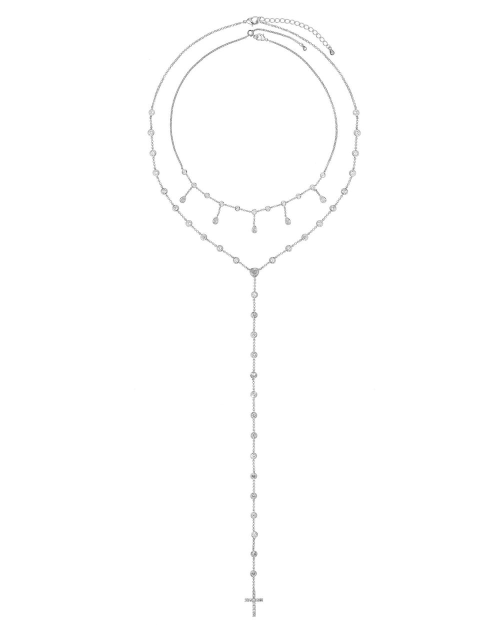 Сет колье: длинная цепочка крест, подвеска каплевидные цирконы, серебро