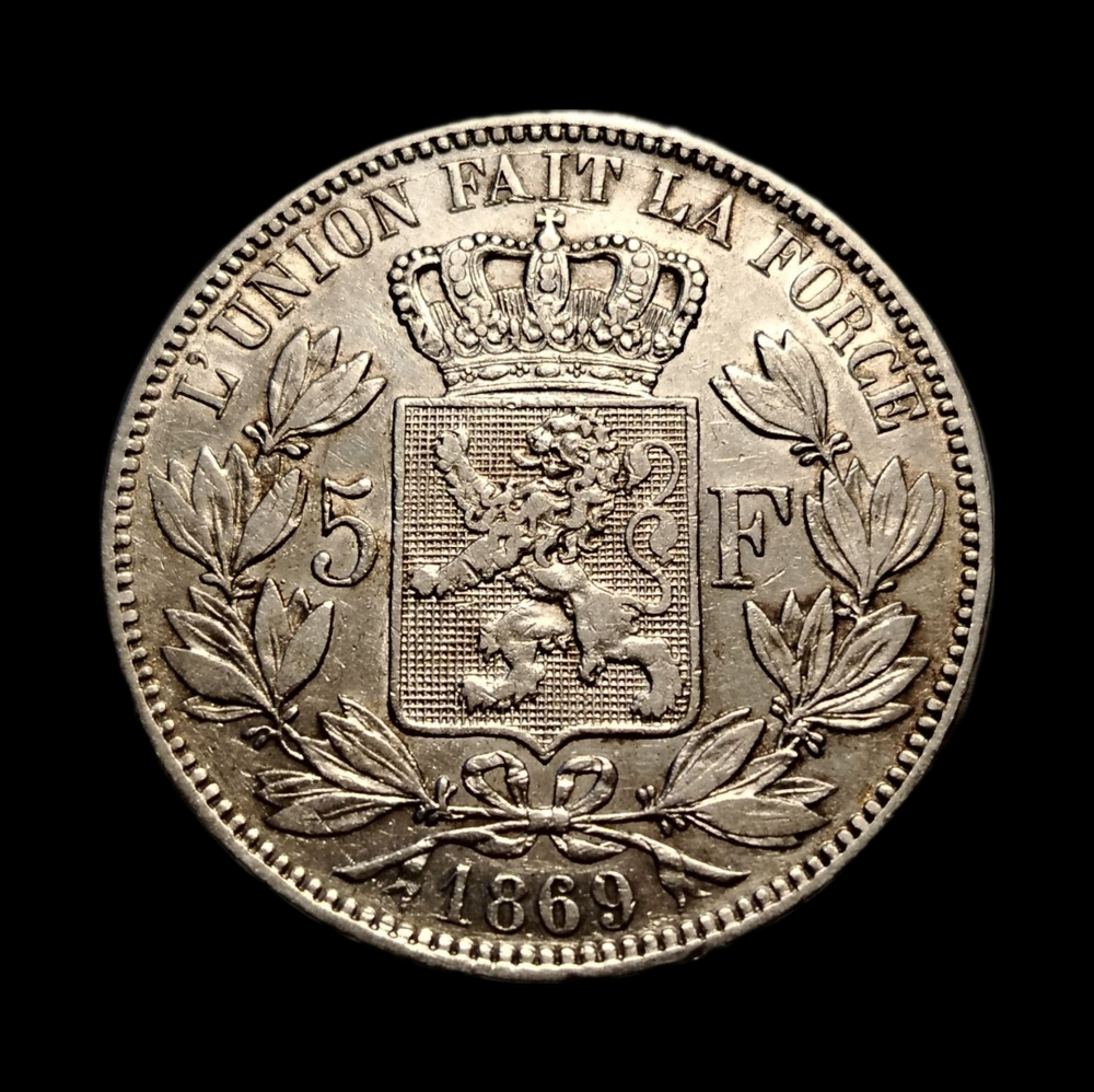 Монета Бельгии 5 франков 1869 год "Леопольд II"