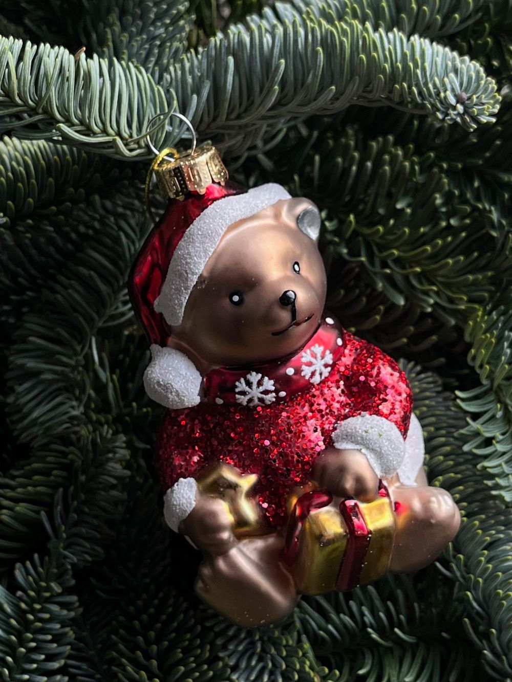 Новогодняя игрушка Медвежонок с подарком Тэрри стекло