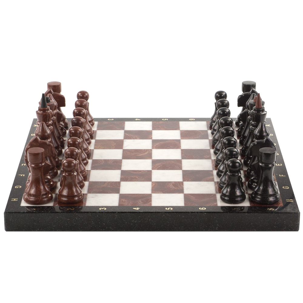 Шахматы из мрамора и лемезита 40х40 смR120702 доска 40х40х3 см, клетка 4,5х4,5 см, высота фигур: пешка 6 см, король 11,3 см.