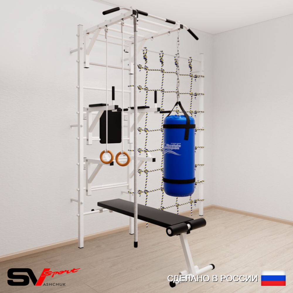 Шведская стенка Sv Sport 56410 (Турник рукоход/Брусья/Стойка/Скамья/Канат/Кольца/Цепь/Мешок 15кг/Канатный лаз)