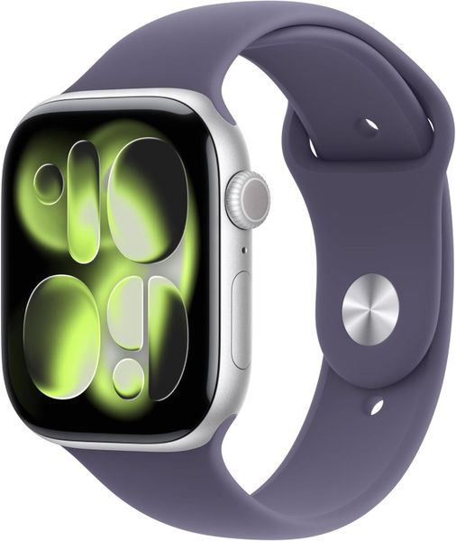 Умные часы Apple Watch Series 11 46 мм из алюминия серебристого цвета, спортивный ремешок цвета «фиолетовый туман» (S/M)