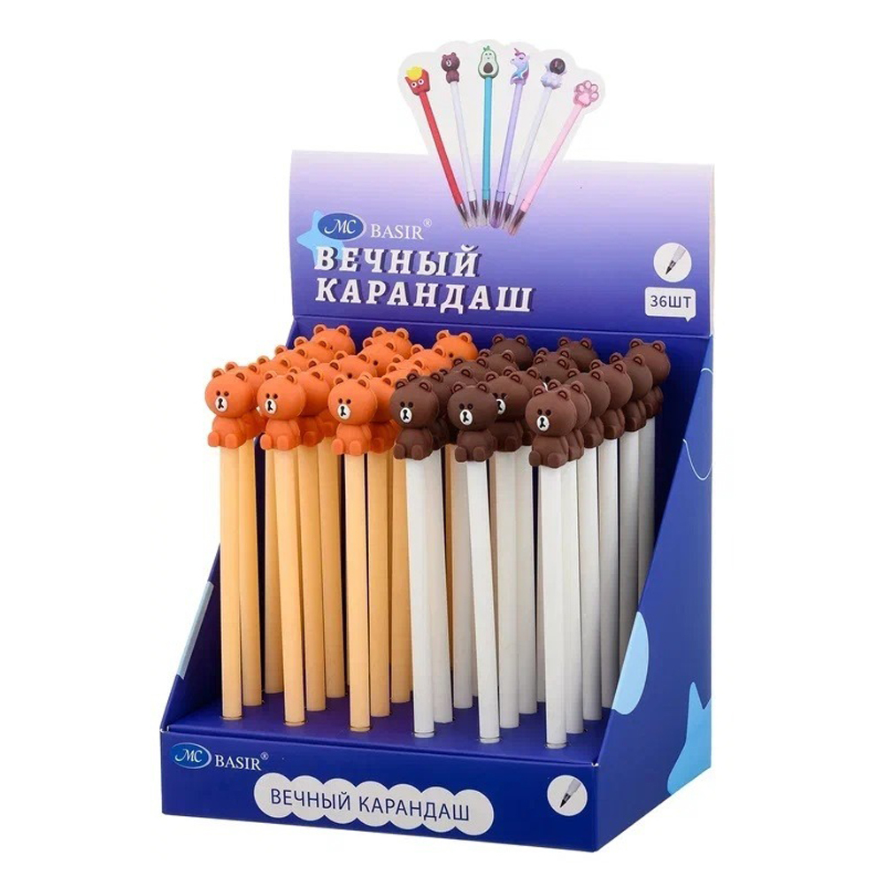 Карандаш вечный, чернографитный, Basir, серия "Мишки", с фигуркой на наконечнике, 2 цвета корпуса, 36 шт