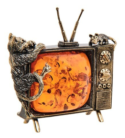 AM-3056 Фигурка «Кот и мышь на телевизоре» (латунь, янтарь)