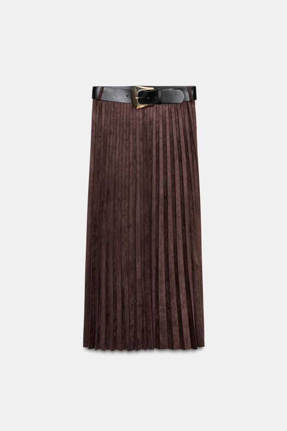 ZARA ПЛИССИРОВАННАЯ ЮБКА МИДИ ИЗ ИСКУССТВЕННОЙ ЗАМШИ С РЕМНЕМ, ТЕМНО-КОРИЧНЕВЫЙ