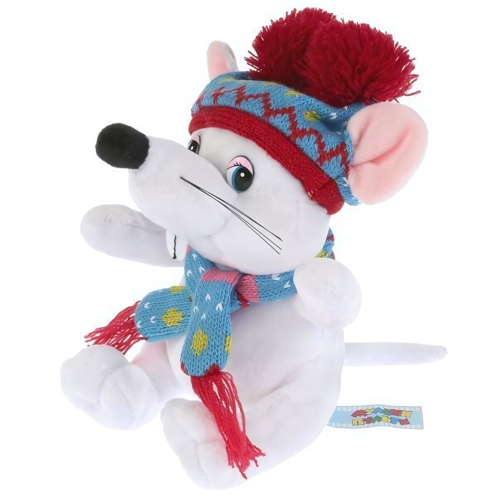 Игрушка мягкая Мышка белая в шапке с двумя помпонами 15см, муз. чип в пакет (Мульти-Пульти)