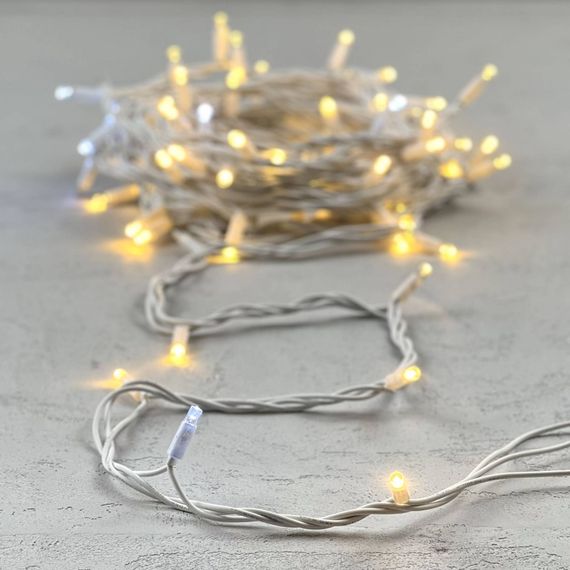 Гирлянда Нить 10м Тепло-Белая с Мерцанием Белого Диода 220В, 75 LED, Провод Белый Каучук, IP65, LTC (LL75BLW-8-2WW)