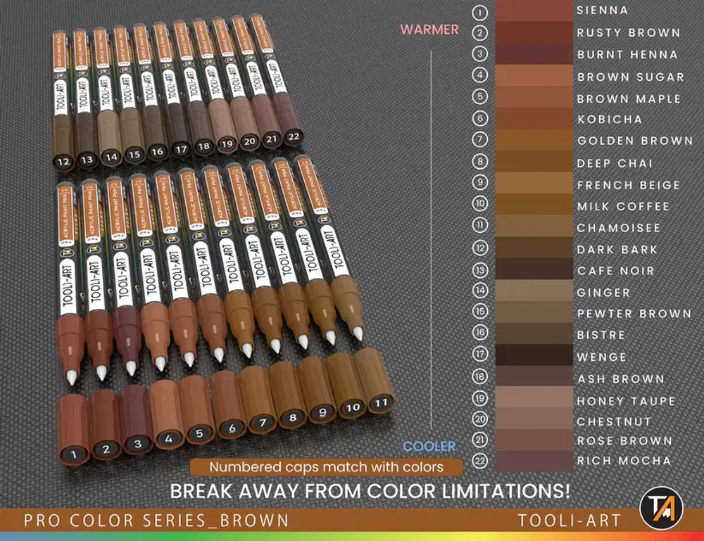(Brown) Tooli-Art 22 Acrylic Paint Pens 0.7mm Extra Fine