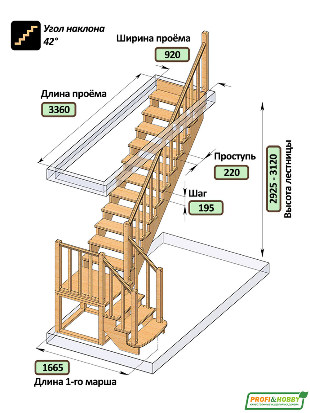 Лестница на второй этаж К-022м Правая с подступенками
