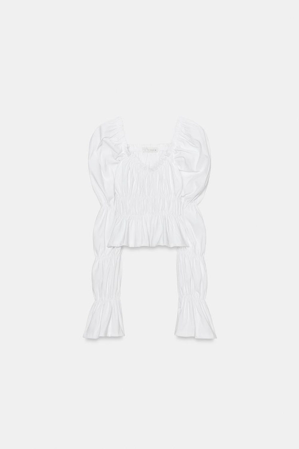 ZARA ТОП С ЭЛАСТИЧНЫМИ СБОРКАМИ И ОБЪЕМНЫМИ РУКАВАМИ, БЕЛЫЙ
