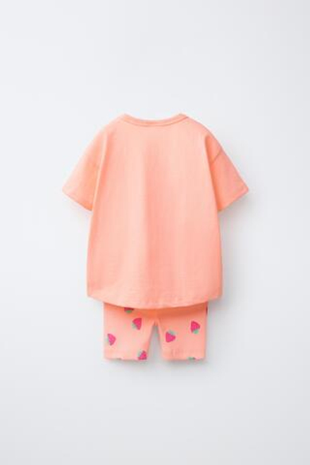 ZARA КОМПЛЕКТ ИЗ ФУТБОЛКИ И ВЕЛОСИПЕДНЫХ ЛЕГИНСОВ С ЦВЕТОЧНЫМ ПРИНТОМ, МАНДАРИНОВЫЙ