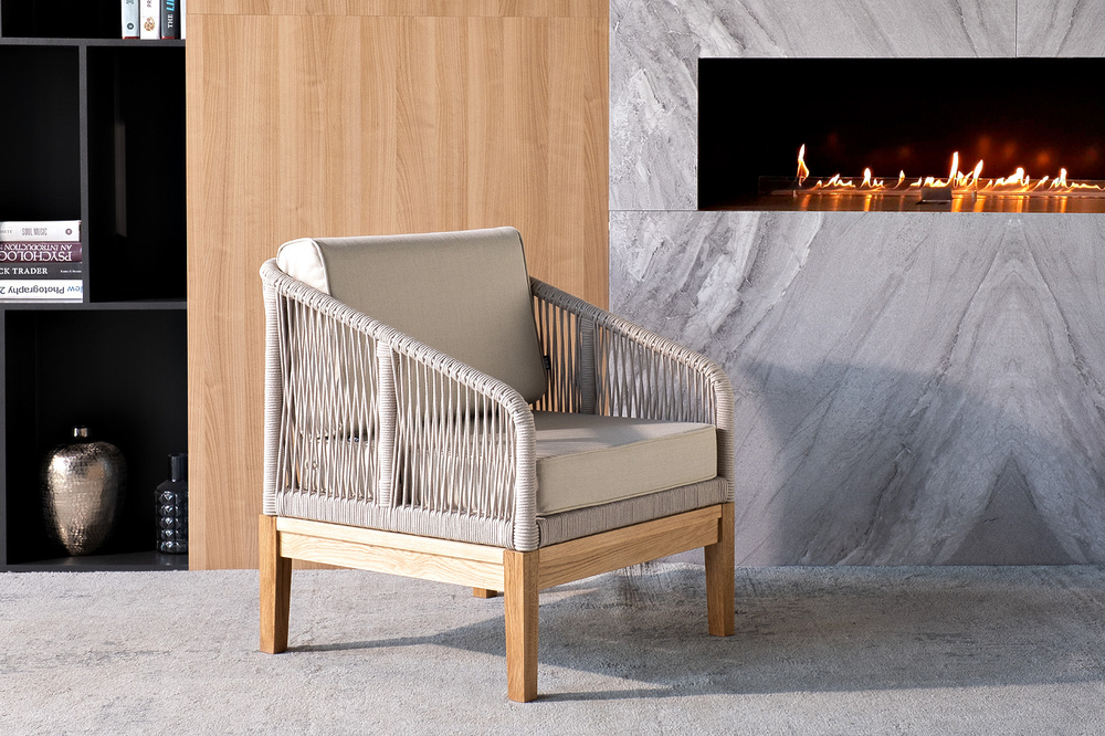 "Канны" кресло плетеное из роупа, основание дуб, роуп бежевый круглый, ткань бежевая 15052