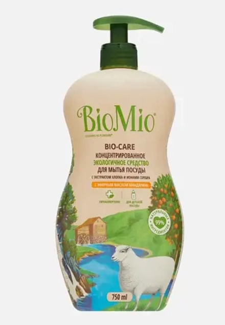 BioMio Экологичное средство для мытья посуды, овощей и фруктов с эфирным маслом Мандарина, экстрактом Хлопка и ионами Серебра, концентрат, 750мл, блок 6шт., БиоМио