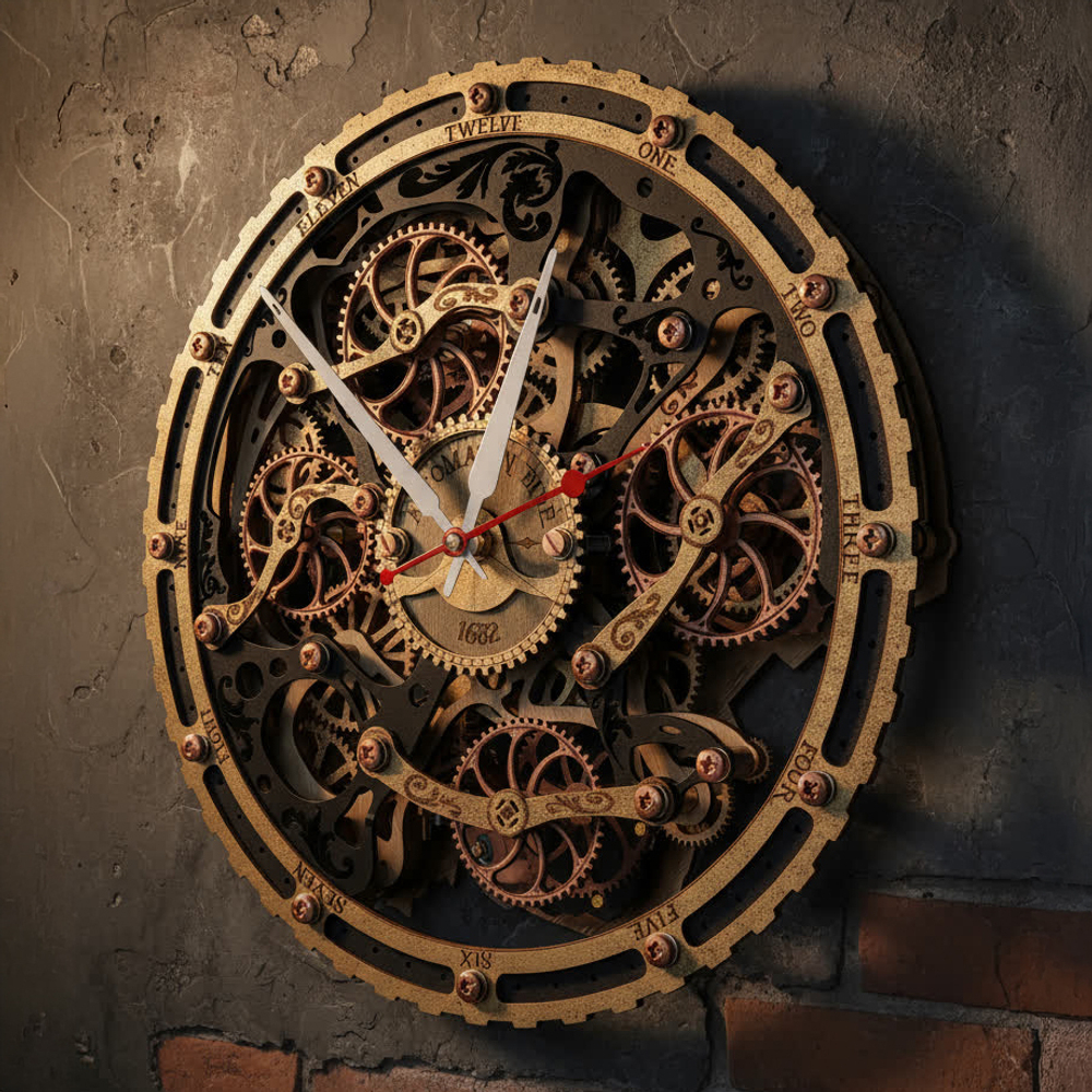 Механические часы WoodandRoot Automaton крупным планом, золотые шестерни, металлическая рама и ручная сборка — индустриальный брутальный стиль