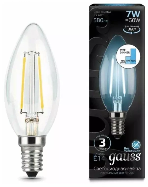 Лампа Gauss LED Filament Свеча 7W E14 580 lm 4100K 103801207