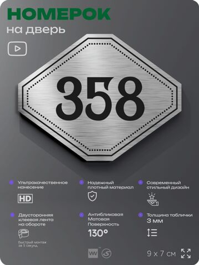 Номерок на дверь квартиры 358, для кабинета, офиса, шильдик 9 х 7 см, брашированная сталь, Айдентика Технолоджи