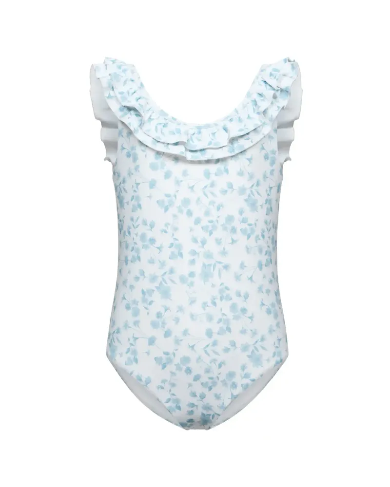 Lilo, купальник из бифлекса слитный с рюшей, молочный с мелкими голубыми цветами