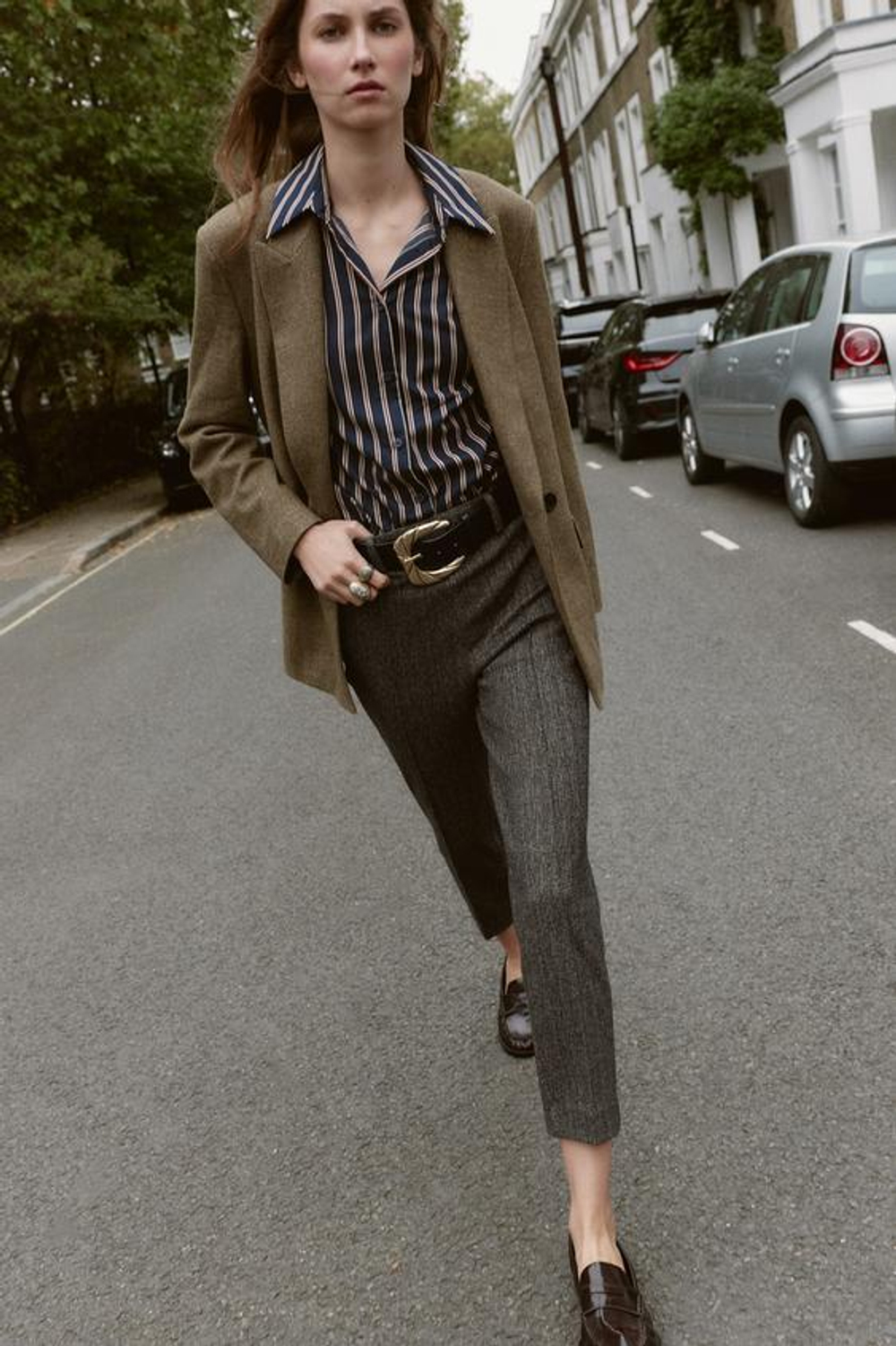 ZARA БРЮКИ В ЕЛОЧКУ С ПОЯСОМ, КОРИЧНЕВЫЙ