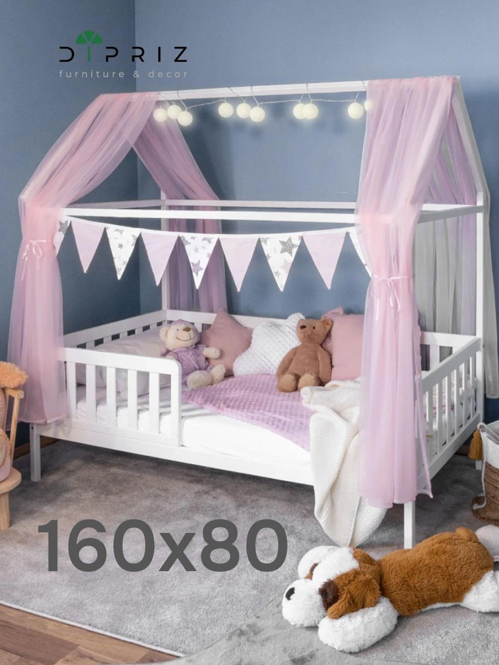 Кровать-домик односпальная с настилом деревянная, белый воск