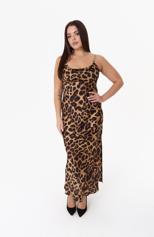 Платье-комбинация на тонких бретелях цепи, леопардовый принт