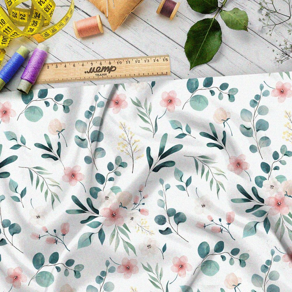 Ткань бязь нежные розовые цветы и полевые листья