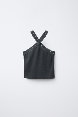 ZARA ТОП С ЭФФЕКТОМ ПОТЕРТОСТИ И ГОРЛОВИНОЙ ХАЛТЕР С ЗАКЛЕПКАМИ, АНТРАЦИТОВО-СЕРЫЙ