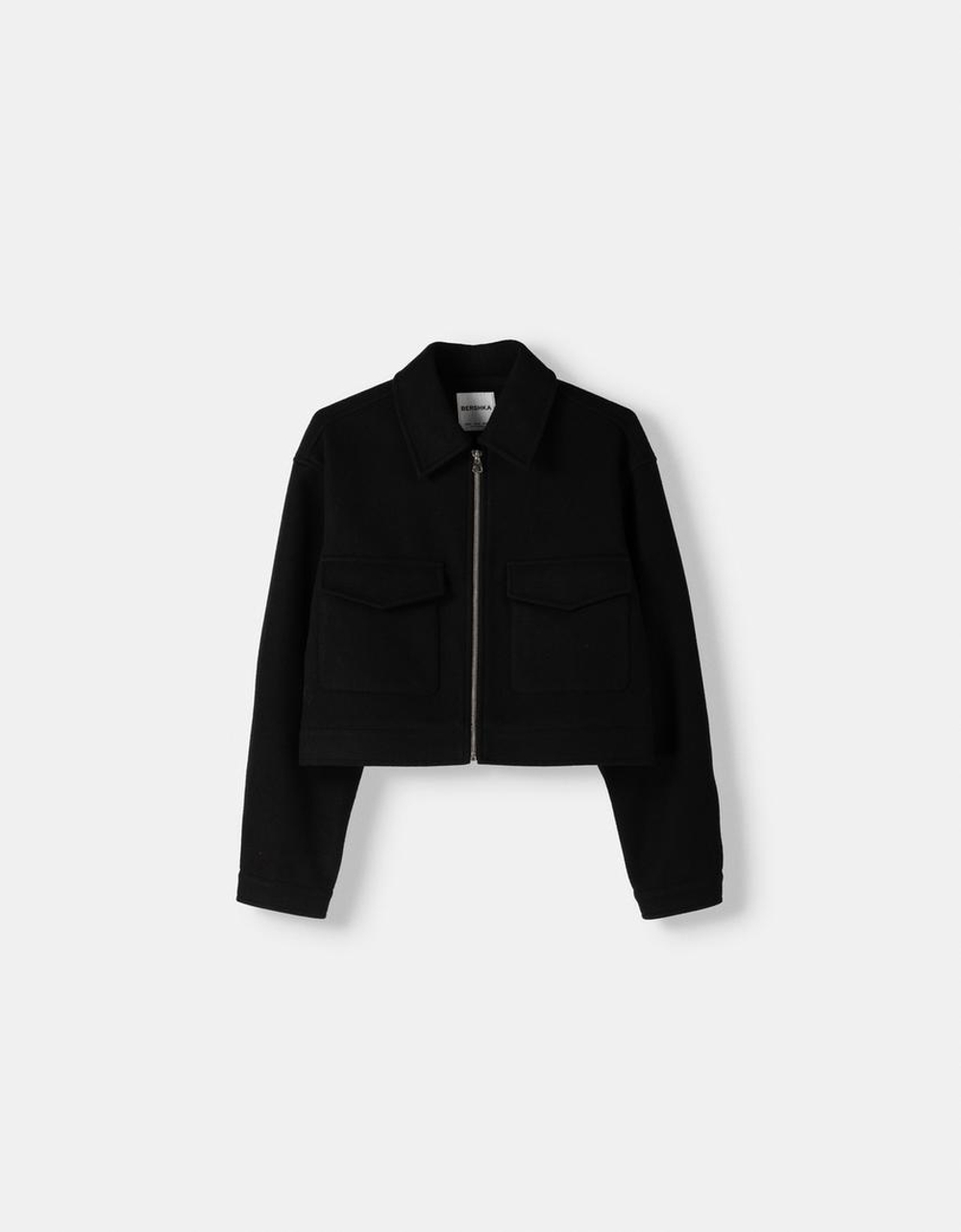 BERSHKA Мягкая укороченная куртка на молнии, черный
