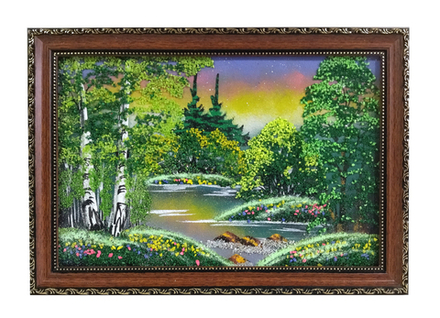 Картина " Летний вечер" рисованная уральскими минералами в пластиковом багете  24-34-2см