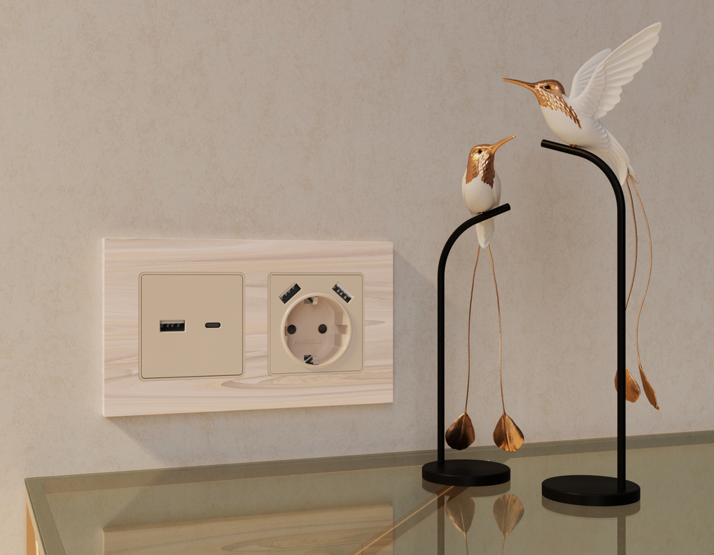 MA329010 Комплект механизма электрической розетки ALFA Бежевый матовый 2USB A+A 18W (быстрая зарядка) с/з QUANT (AP3290, VM155)