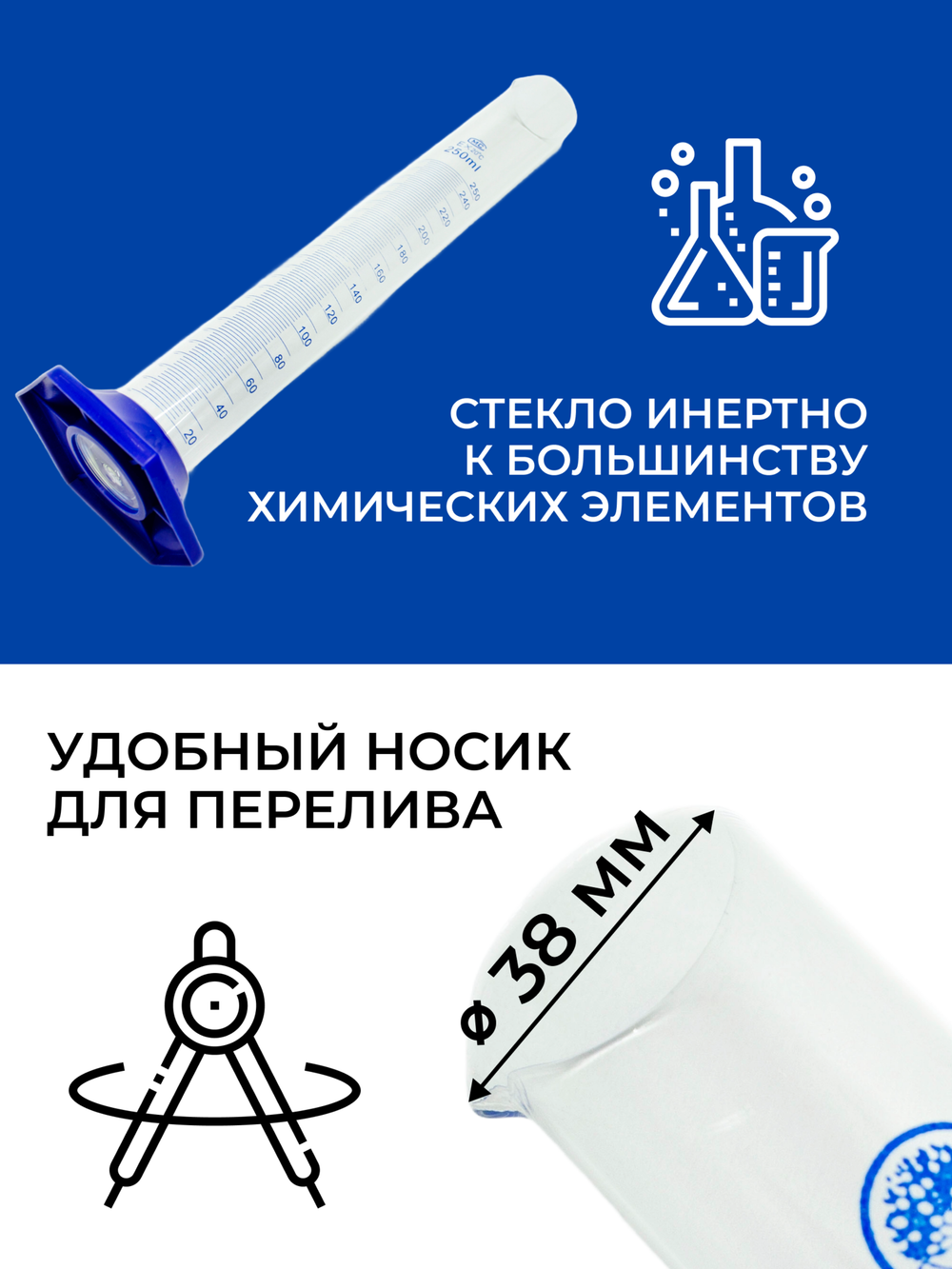 Цилиндр мерный стеклянный с носиком, 250 мл на пластиковом основании