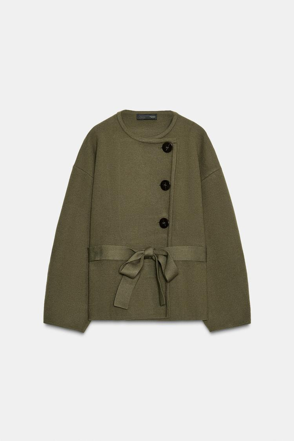 ZARA КОРОТКОЕ ТРИКОТАЖНОЕ ПАЛЬТО С ПОЯСОМ, ТЕМНО-ЗЕЛЕНЫЙ