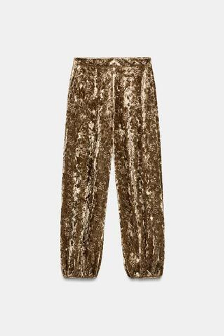 ZARA БРЮКИ-БАЛЛОНЫ ИЗ БАРХАТА С МЕТАЛЛИЗИРОВАННОЙ НИТЬЮ, ЗОЛОТИСТЫЙ