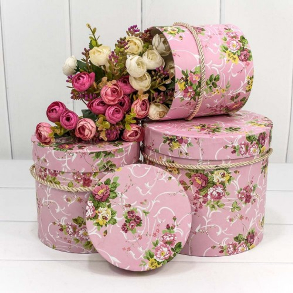 Коробка 18х17 см Набор 3 шт "Цветы на розовом фоне" (Розовый)