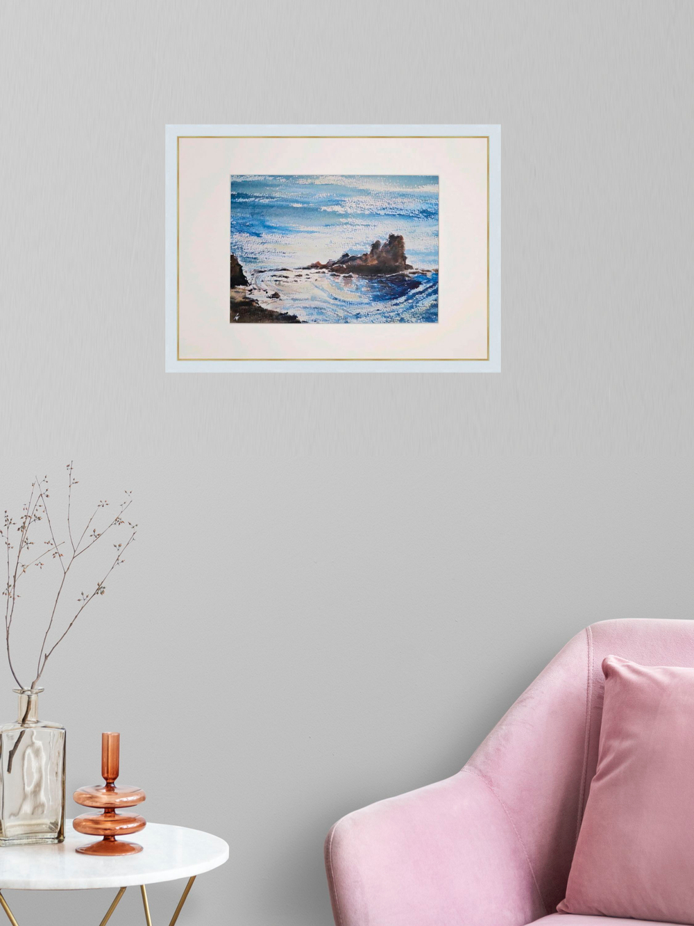 Картина авторская акварельная в паспарту 21х30 см на стену для интерьера "Прибрежные скалы"