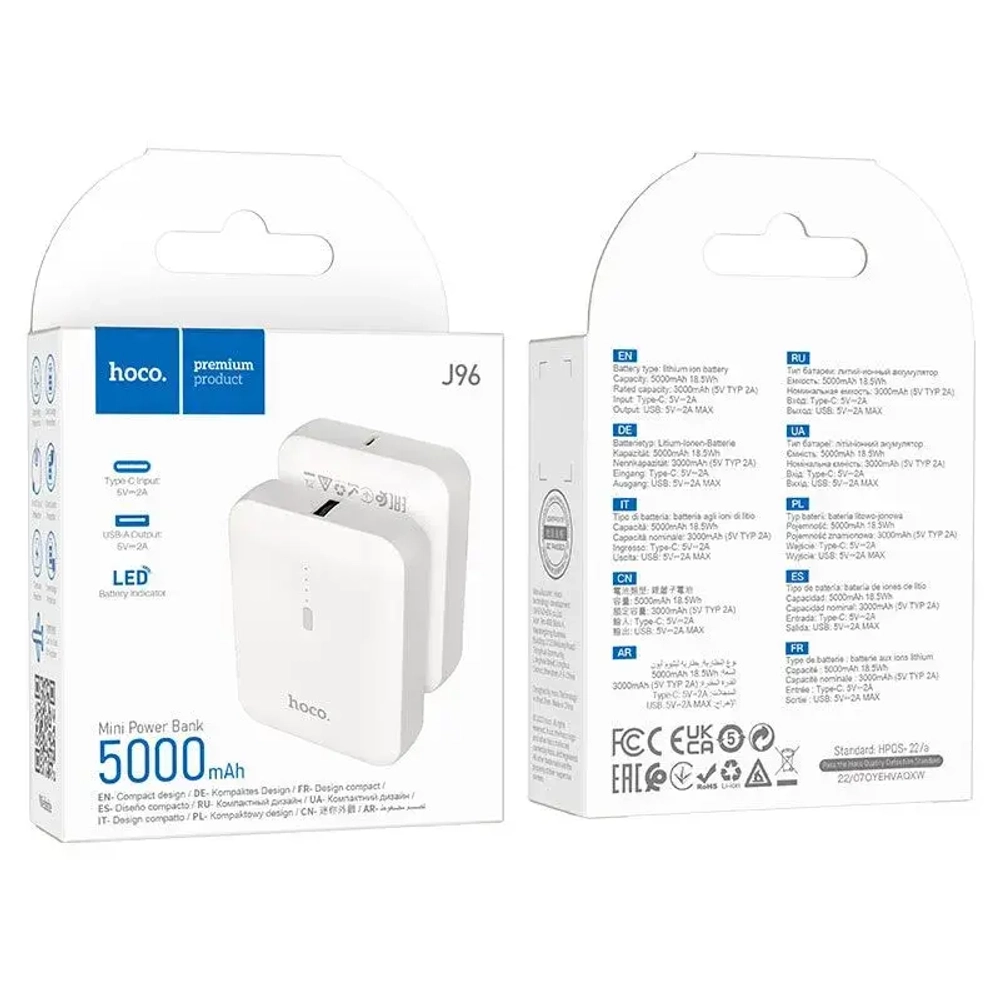 Внешний аккумулятор Hoco J96 Mini 5000mAh USB/Type-C/18.5W/2A (белый)