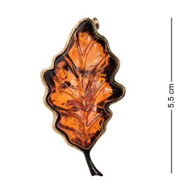 AM-2620 Брошь «Лист Дуба уходящая осень « (латунь, янтарь)