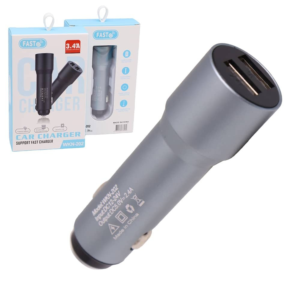 Автомобильный адаптер питания FAST WKN-202 3.4A 2USB, без упаковки (серый) для русских авто