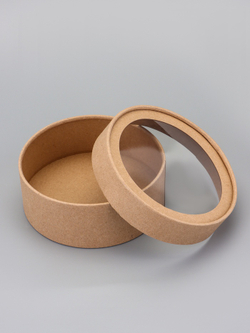 Коробка круглая подарочная, завальцованная с окном, крафт, 15×6 см