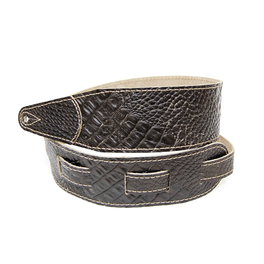Fidel FL660337L11 Leather 11 Ремень для гитары, кожаный, черный кофе, тиснение рептилия. Ширина: 70 мм. Длина: 900-1440 мм. Толщина: 2,8-3 мм. Отстрочка светло-коричневой ниткой.