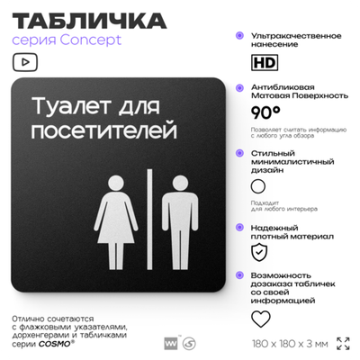 Табличка Туалет для посетителей, на дверь и стену, навигационная и информационная, серия CONCEPT, 18х18 см, Айдентика Технолоджи