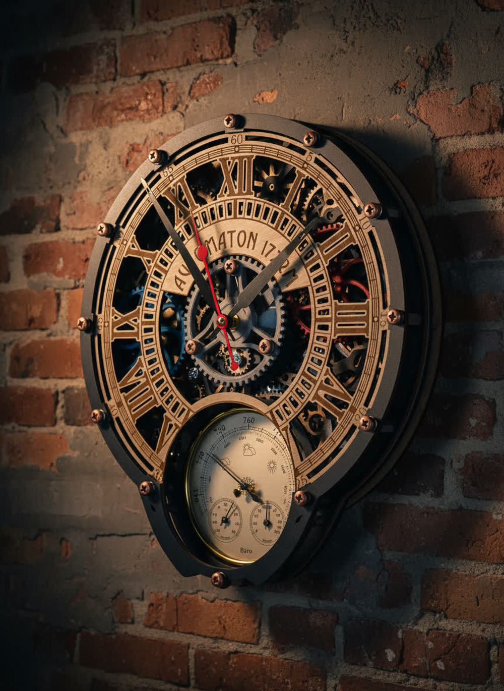 Часы-метеостанция WOODandROOT Automaton 1722 на кирпичной стене — барометр, гигрометр и металлические акценты в индустриальном дизайне