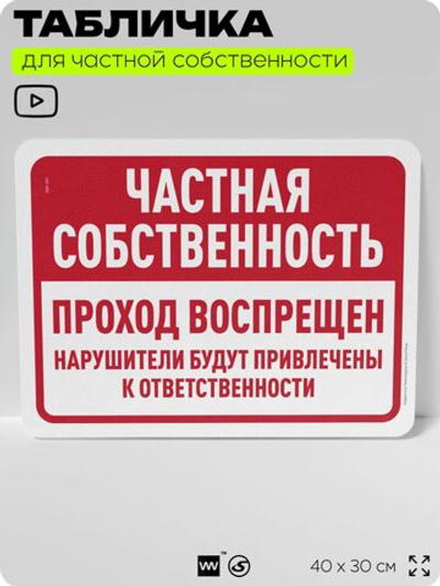 Табличка для частной территории "Частная собственность, проход воспрещен", на дом, для участка, организаций, предупреждающая, 40х30 см, Silver Plane x Айдентика Технолоджи