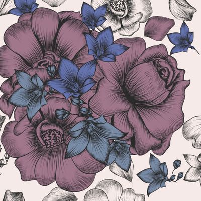 Фиолетовые ретро розы цветочный сиреневый принт