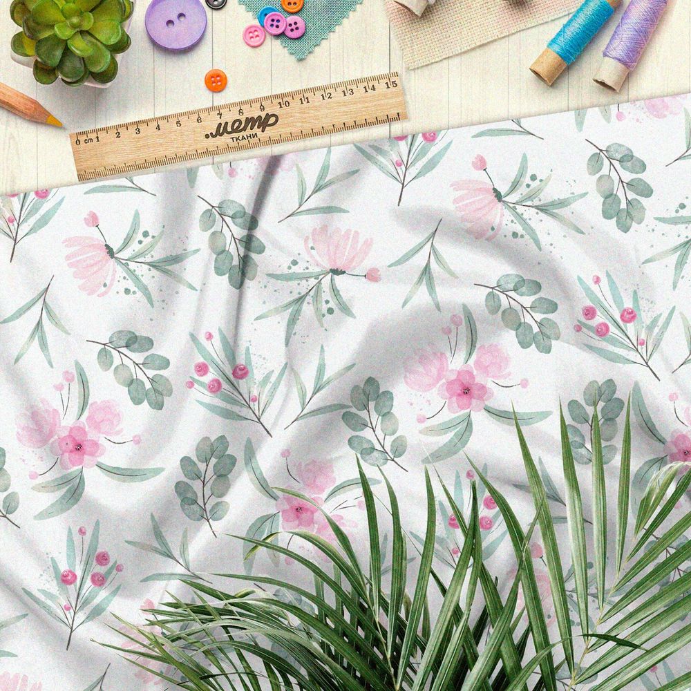 Ткань дюспо акварельные бледные цветы и листья